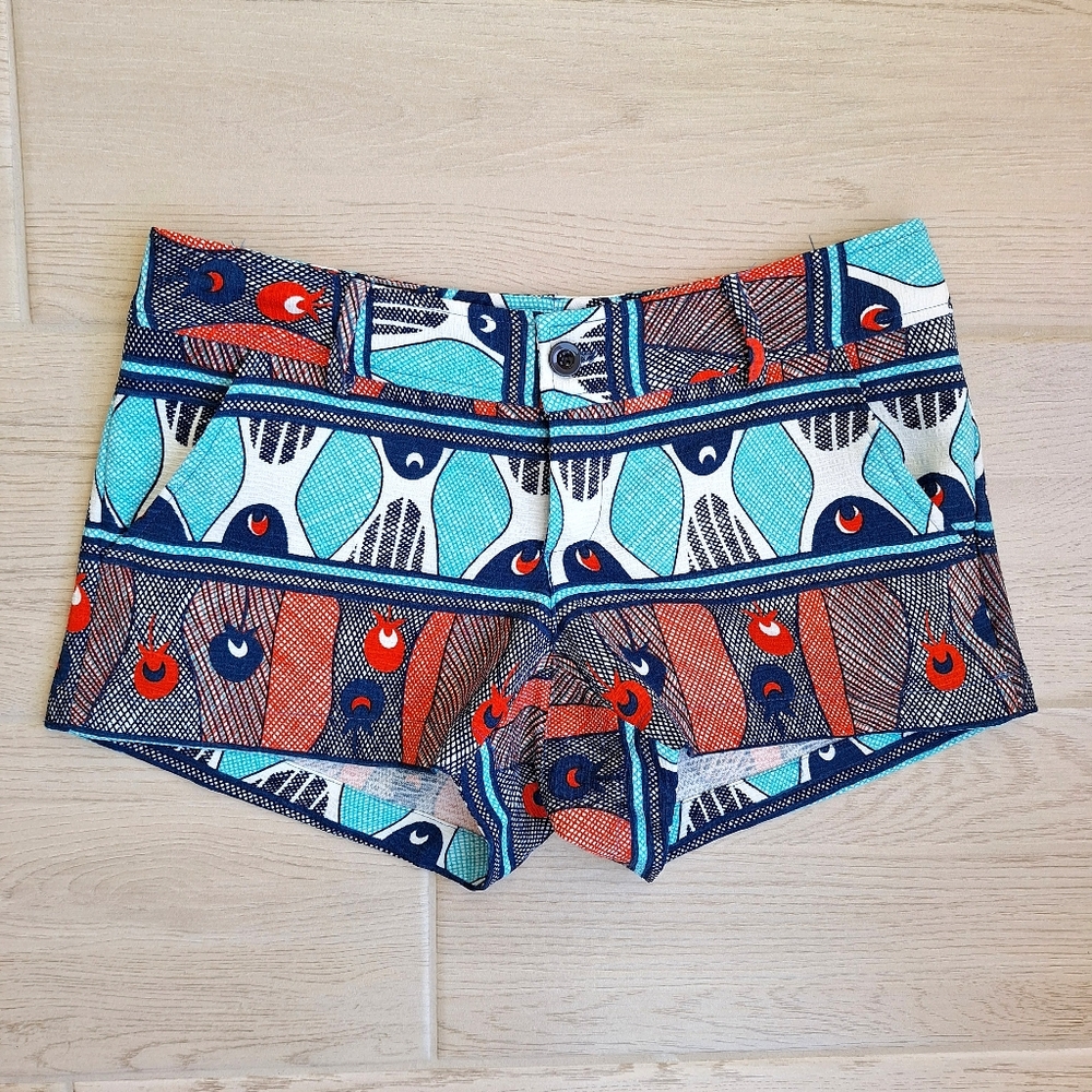 Joy Joy women's blue red white bold abstract print shorts with pockets  small